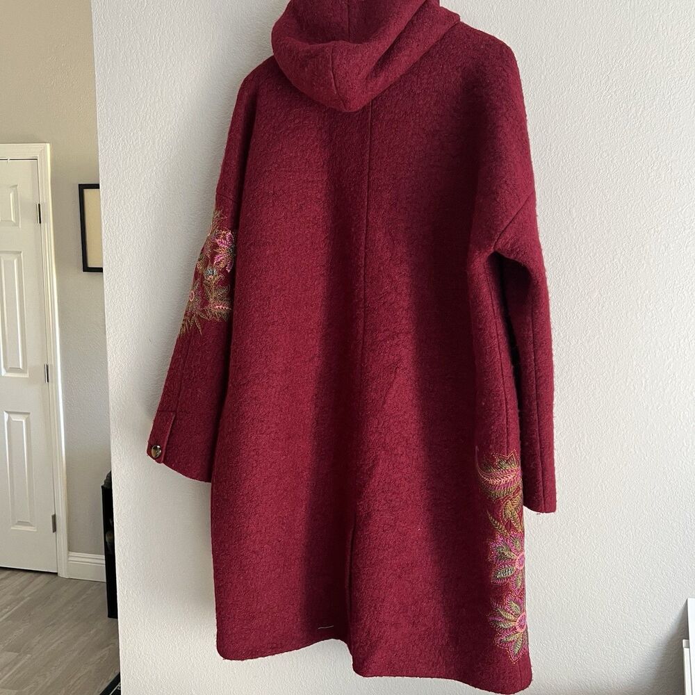 Sundance Blooming Bouclé Embroidered Wool Blend Hooded Coat Size XL Red - Picture 2 of 7